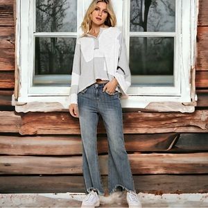 POL Colorblock Cropped Henley Top in White and Light Gray